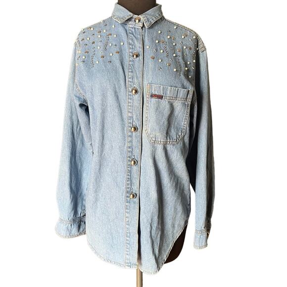 Vtg Denim Star Pearl Seashell Relaxed Boyfriend Fit Top 8 Western Glam Celestial - Picture 2 of 6